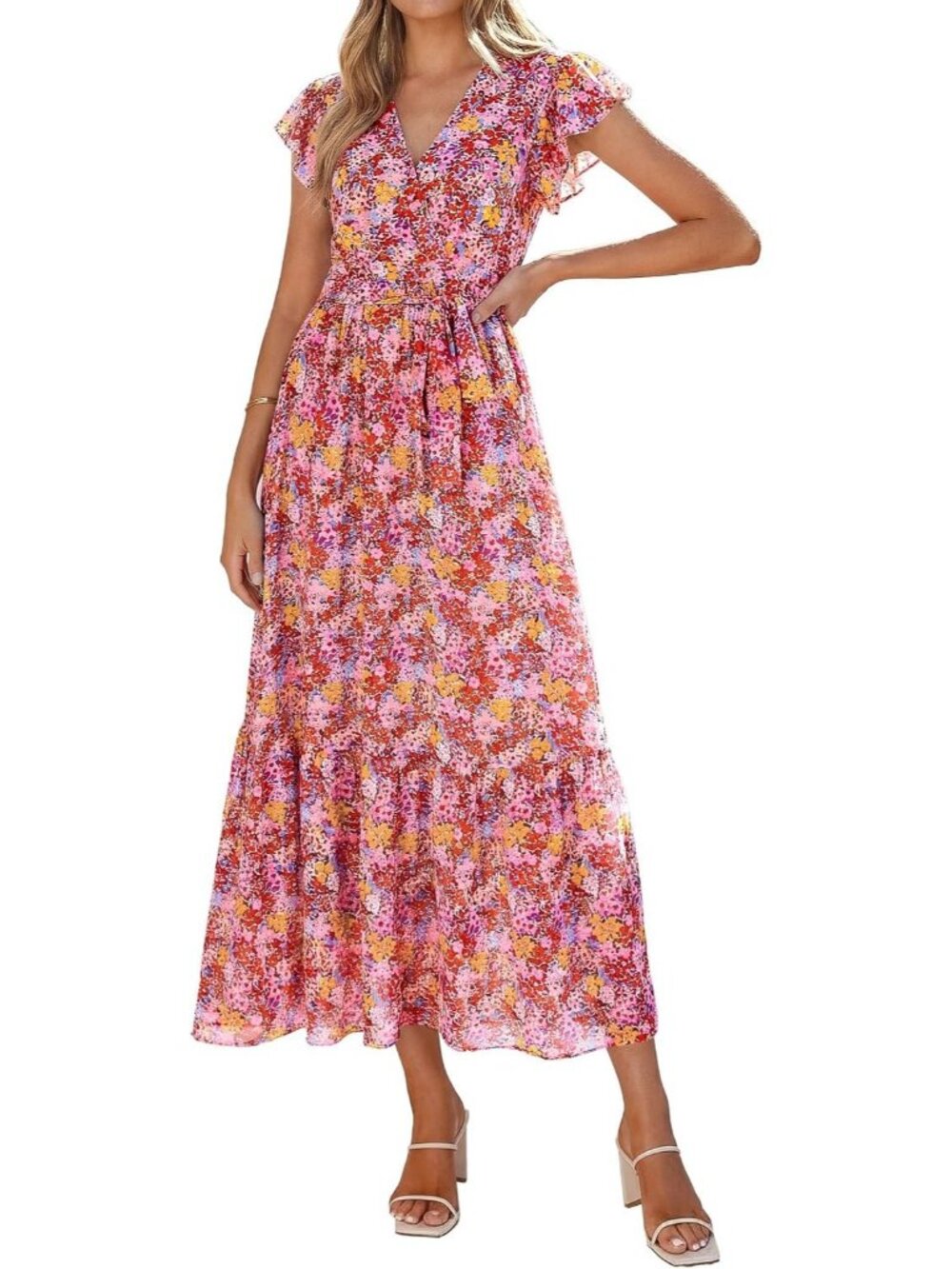 Women's Wine Red Floral V Neck Casual Short Sleeve Outfits Pull On Maxi Dresses
